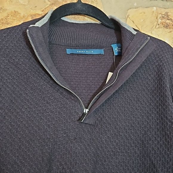 Perry Ellis Black Waffle Knit Long Sleeve Pullover 1/4 Zip Sweater Sz M New - Picture 4 of 14
